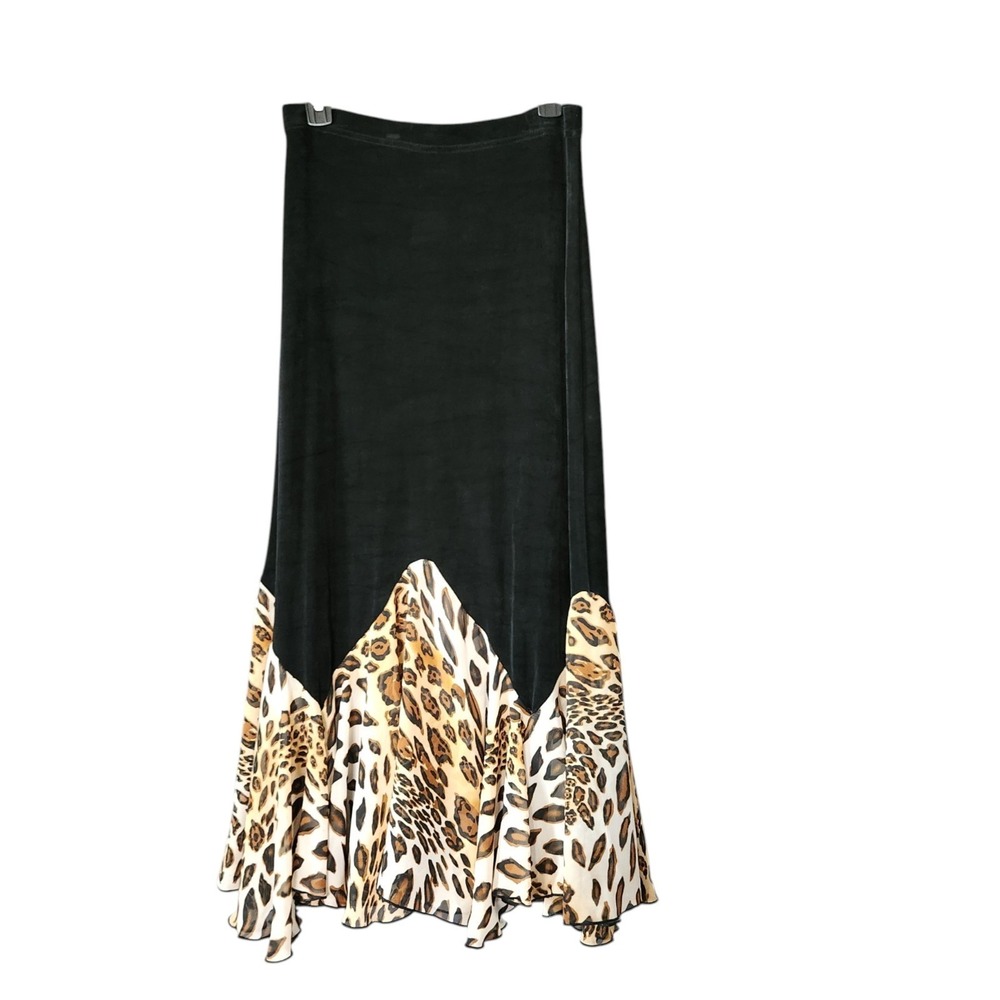 Slinky Liquid Knit Maxi Circled Skirt M Balck Layered Pull On Leopard Stretch